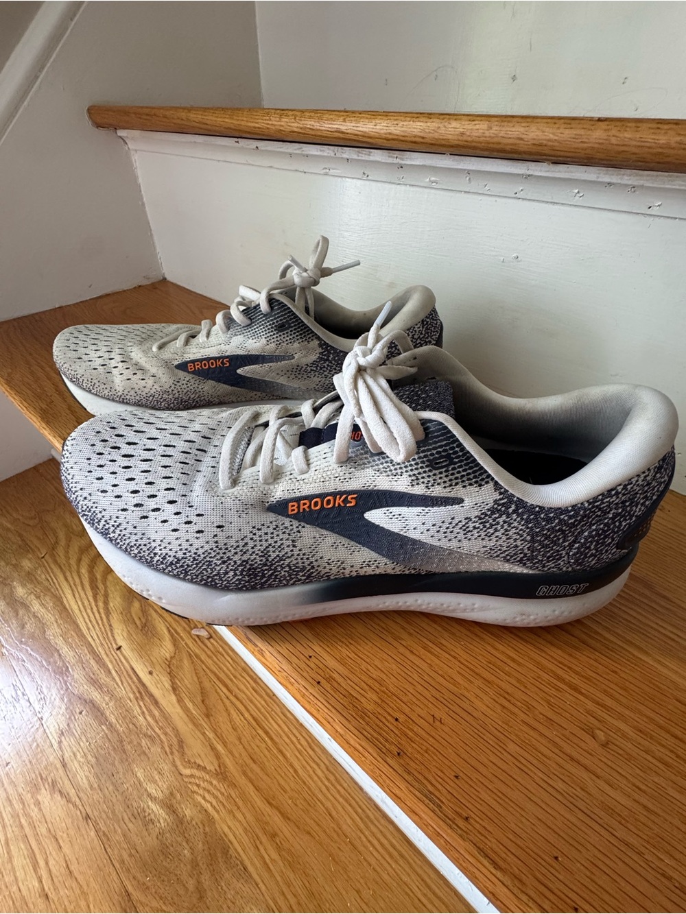 Brooks Ghost 16 Running Shoes in Light Gray, Navy and Orange Accent